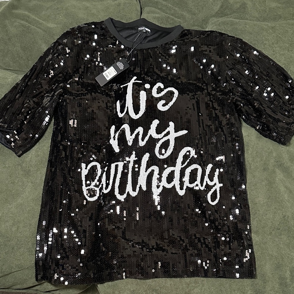 FashionNova NEW Oversized Sequin Tee  "It's My Birthday" Black w/ White Script